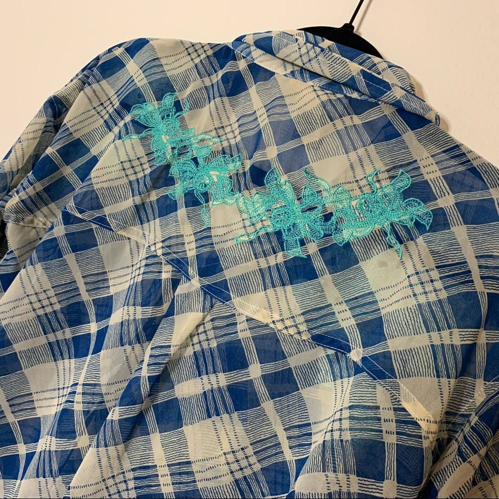 Gimmicks blue &  teal plaid sheer blouse